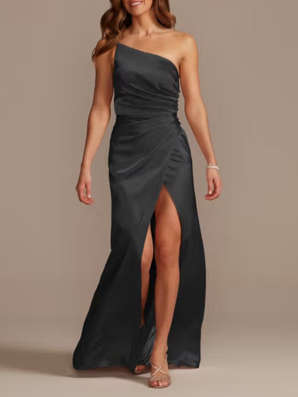 Davids Bridal Galina Signature / Black Satin Charmeuse Draped One-Shoulder Dress